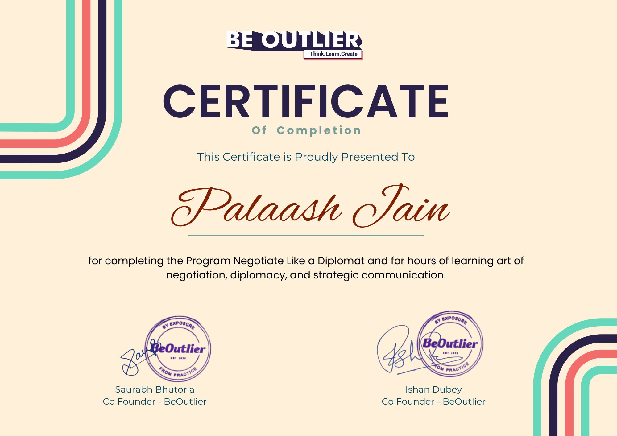 BeOutlier Certificate of Completion